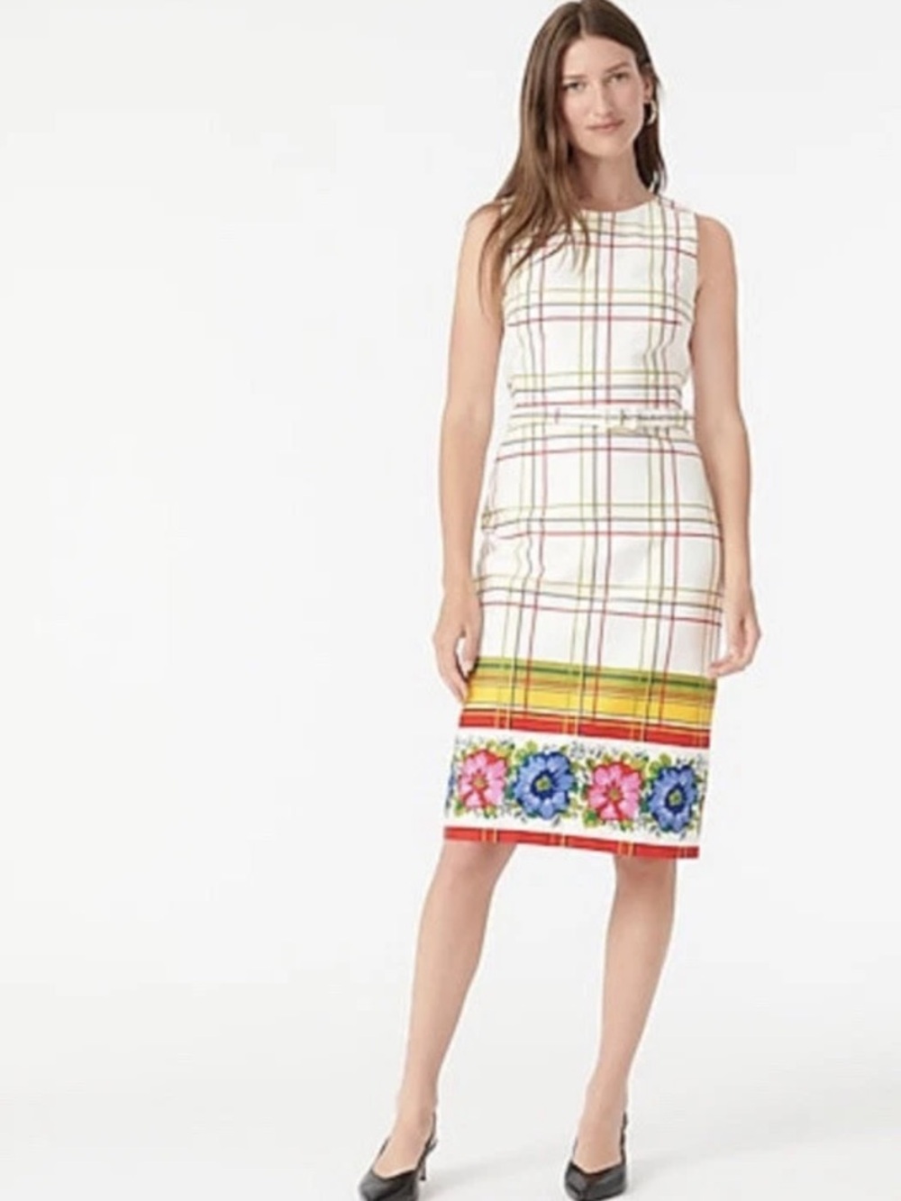 J. Crew Cream Plaid Midi Dress with Floral Hem NWT 2